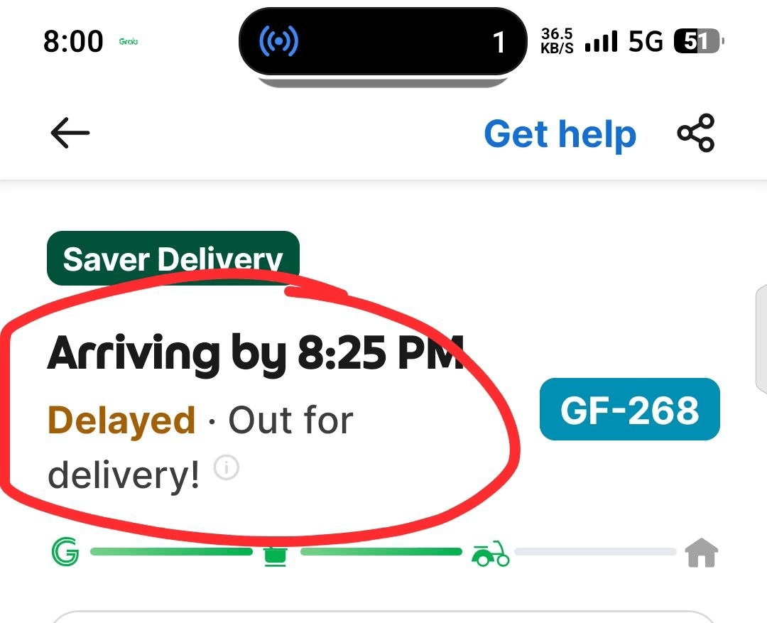 หน้าจอการสั่งซื้อ Grab Saver Delivery แสดงสถานะการจัดส่งล่าช้า